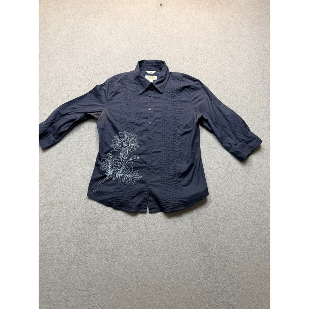 Talbots Petites Navy Blue Floral Embroidered Pintuck Button Up Shirt Size S P